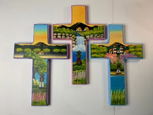 Wood Crosses Hand painted Home Decoration 11 1/2 By 8 1/4 Set Of 3 Home Decor - Picture 1 of 9