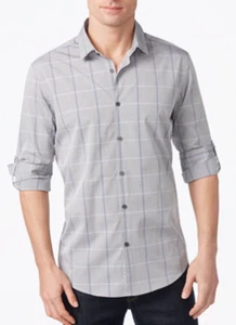 Alfani Mens Classic Fit Striped Windowpane Shirt Smooth Silver Color Size XXL - Picture 1 of 3