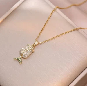 Women's Fashion Jewelry Gold Cubic Zircon Tulip Flower Pendant Necklace 642 - Picture 1 of 3