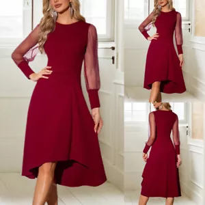 Women Solid Zipper Puff Sleeve A-Line Midi Dress Ladies Cocktail Party Dresses - Picture 1 of 13