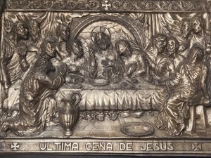 Antik Jesus Letztes Abendmahl Metall Repousse Relief Religiöse Plakette Kunst Katholisch  - Bild 1 von 7