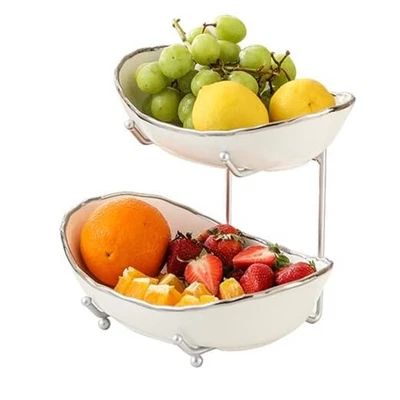 Frutero de cerámica de 2 niveles para mostrador de cocina, fruta en niveles con borde plateado Foto 1 de 4