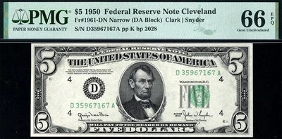 1950 $5 Cleveland *NARROW* Federal Reserve Note FRN • 1961-D • PMG 66 EPQ - Image 1 of 2