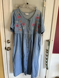 Cabernet Vintage 90s Y2K Denim Dress Floral Embroidery Button Front Pockets - Picture 1 of 10