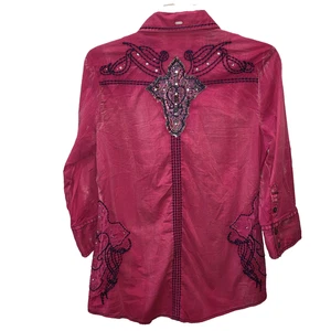 Roar Pink Embellished Y2K Western Button Up Shirt Large Cross Sz L Pockets - Picture 1 of 10