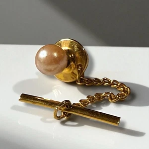 Vintage Faux Pearl Tie Pin 1/20th Gold Plate Stem Tie Tack with Chain - Picture 1 of 5