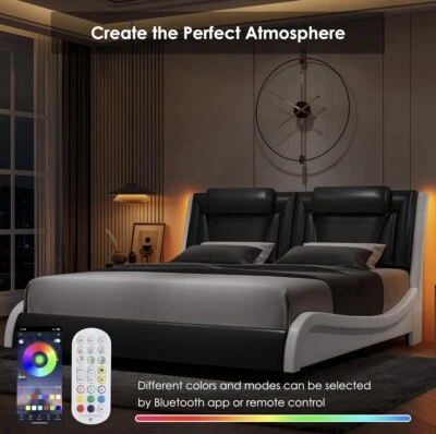 Marco de cama Queen moderno de cuero PU con cabecero LED y diseño de plataforma curva Foto 1 de 4