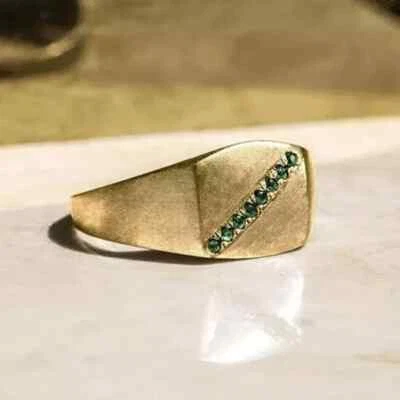 1 Ct Round Simulated Green Emerald Men's Pinky Wedding Ring 14K Yellow Gold Over - Image 1 of 4