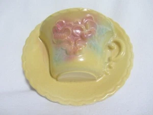 Vintage Hull USA Wall Pocket Cup & Saucer Yellow with Pink Pansies - Picture 1 of 6
