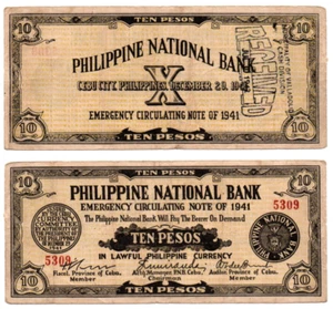 1941 PHILIPPINE Province of Cebu S217 10 Pesos Hand Stamped Valladolid, Negros - Picture 1 of 5
