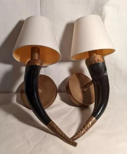 Gilded Horn And Brass Wall Sconce Pair with Shades From India 2014 Hand Crafted - Picture 1 of 11