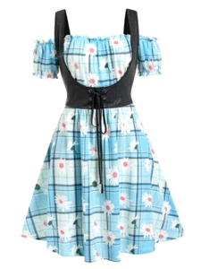 Rosegal Dress Blue Plaid Daisy Print Lace Up Faux Twinset Size 4XL UK 20/22 - Picture 1 of 10