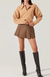 ASTR THE LABEL Pleated Wool Blend Skort, Brown Plaid, Women's L - NEW - Picture 1 of 12