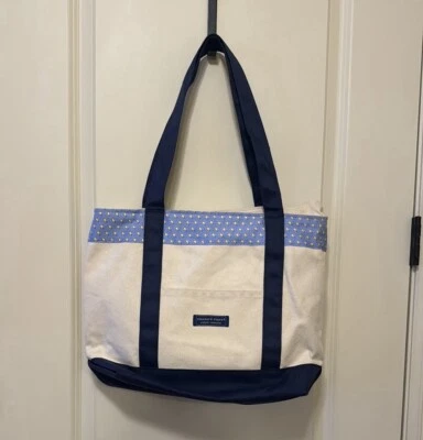 Vineyard Vines Medium Canvas Tote Navy Cream Lightbulbs Custom Blue Gingham - Image 1 of 4