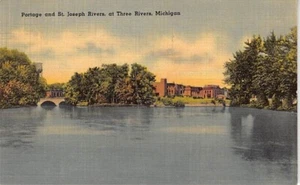 Postal MI: Portage & St. Joseph Rivers, 3 Rivers, Michigan, Linen publicado 1940 - Imagen 1 de 3
