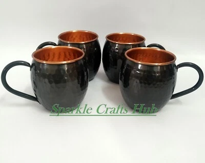 Indien Artisanal Noir Mat Oxydé Pure Cuivre Moscou Mule Mugs 4 Mugs Set - Photo 1/4