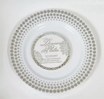 CONJUNTO DE 12 PRATOS DE JANTAR GRANDES PLÁSTICOS PESADOS REUTILIZÁVEIS BOLINHAS BRANCO+PRATA - Imagem 1 de 3