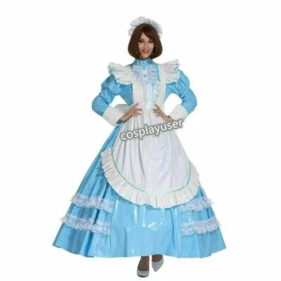 Vestido largo Sissy Niña criada francesa bloqueable PVC bebé azul travesti uniforme cosp Foto 1 de 4