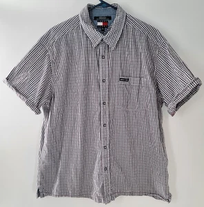 Tommy Jeans Button Up Shirt Men's XL Plaid Short Sleeve Front Pocket Black White - Picture 1 of 4