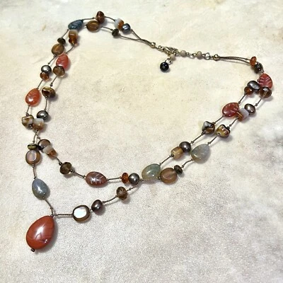 Carved Gemstone Leaf Necklace - Vintage Knotted Red Jasper Crystal - 19" - Image 1 of 4