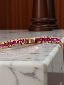 10Ct Baguette Lab Created Ruby & Diamond Tennis Bracelet 14K Yellow Gold Plated - Picture 1 of 6