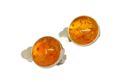Pair of Sterling Silver Baltic Amber Cabochon Clip On Earrings Vintage c1970 - Image 1 of 4