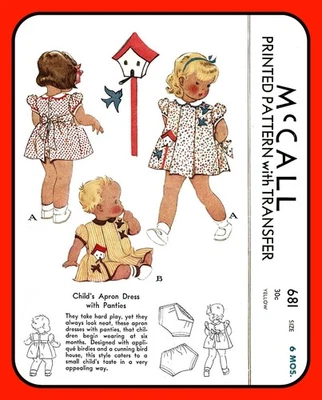 Infant Apron DRESS Pattern w PANTIES Bird Applique McCall 681 Vtg 1939 Size 6 Mo - Image 1 of 4