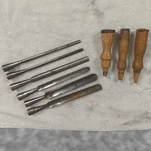 Union Hardware Co. Vintage Steckschlüssel Hohlbeitel Set (6) + 3 Griffe Drechselholz 10-11 Zoll - Bild 1 von 14
