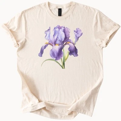 Camisa Gráfica Flor Iris Púrpura Arte Botánico Camiseta Primavera Jardín Camisa Foto 1 de 4