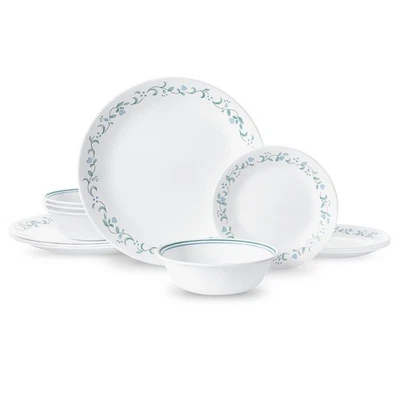 Corelle Country Cottage, White and Green Round 12-Piece Dinnerware Set