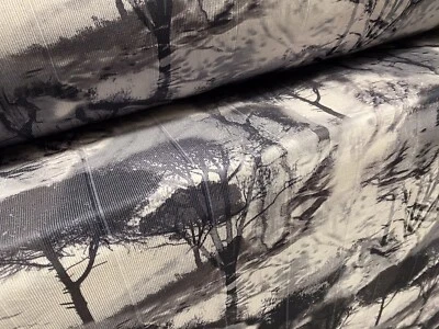 Bandage Rib Jersey Stretch Bodycon Fabric, Per Metre - Grey Woodland Tree Print - Image 1 of 4