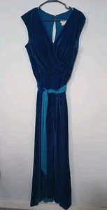 Blue Velvet Maxi Dress Size 14 Vintage With Tie Belt Formal Zipper Closer Ocean - Picture 1 of 7