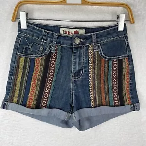 1st Kiss Shorts Womens 1 Blue Aztec Embroidered High Waisted Cuffed Hem Denim - Picture 1 of 11