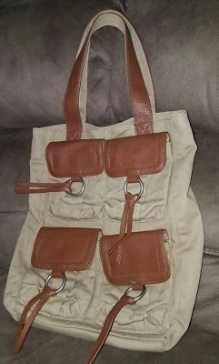 ALDO Tan denim & Brown Rugged Faux Leather  Cargo Tote Shoulder Purse Bag exc - Image 1 of 4