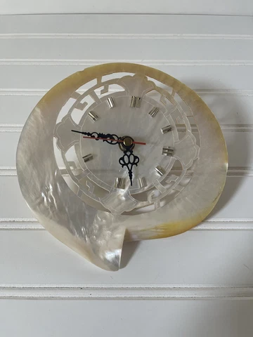 Vintage Working Mother of Pearl Abalone Shell Clock Pearlescent 7”Wx6”H Cover