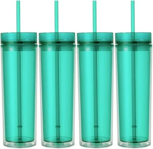 Set of 4 Tall Skinny Tumblers, Acrylic 16 Ounce Tumblers with Straw, Mint - Picture 1 of 1