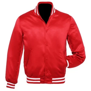 Red Satin Polyester Varsity Bomber Baseball Jacket~L - Picture 1 of 4