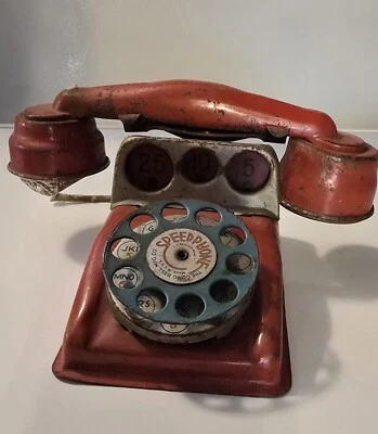 Teléfono de pago Gong Bell Mfg Co Speedphone rojo juguete giratorio ¡RANURAS PARA MONEDAS! Muy RARO Foto 1 de 4