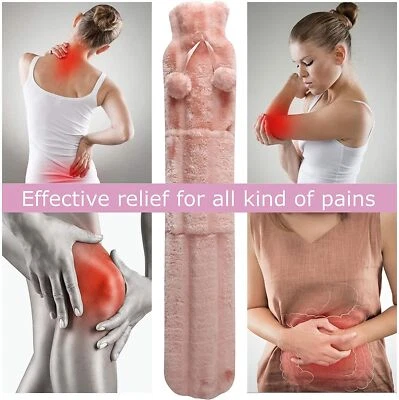 Long Hot Water Bottle 2L Natural Rubber Pink Faux Fur Cover Wraparound Gift - Image 1 of 4