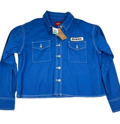 Dickies Blue Crop Denim Jacket 100% Cotton Patch Frayed Hem Button Trucker Sz L - Image 1 of 4