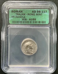 TRAJAN AD 98-117 DENARIUS SILVER COIN ICG AU-55 - Picture 1 of 2