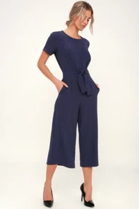 Warehouse Cropped Dark Navy Blue Jumpsuit with Belt Size US 6 UK 10 - NWT - Foto 1 di 11
