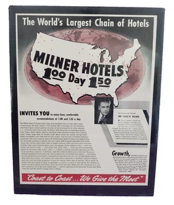 Anuncio impreso vintage Milner Hotels 1947 publicidad original de hotel Earle Milner - Imagen 1 de 6