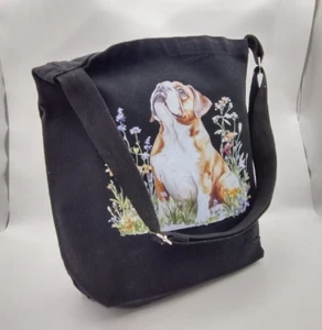 NEW Bulldog Dog Print Canvas Shoulder Bag Black 13.8" x13.8" Adjustable Strap - Picture 1 of 5