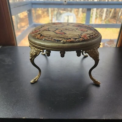 Antique Cast Iron & Wood Foot Stool Georgian Style Upholstered Turkish Tapestry - Image 1 of 4