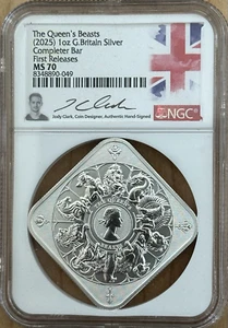 2025 UK Queen's Beasts COMPLETER 1 oz Silver Bar NGC MS70 FR JODY CLARK SIGNED - Picture 1 of 9