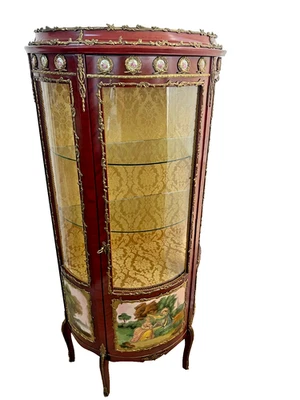 Vintage French Curio China Cabinet Vitrine Demilune Lighted locking curved glass - Image 1 of 4