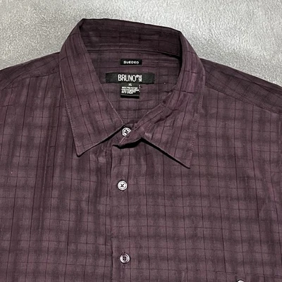 Bruno Mens Sueded XL Purple Plaid Button Up Short Sleeve Casual - Image 1 of 3