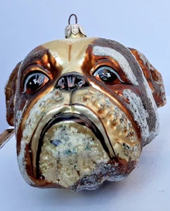große mundgeblasene Glas Bulldogge Kopf Gesicht Weihnachtsschmuck Glitzer 4"x4" - Bild 1 von 2