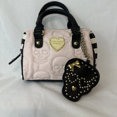 Luv Betsey Johnson Mini Satchel Pink Black Gold Skull Quilted Bag - Image 1 of 4